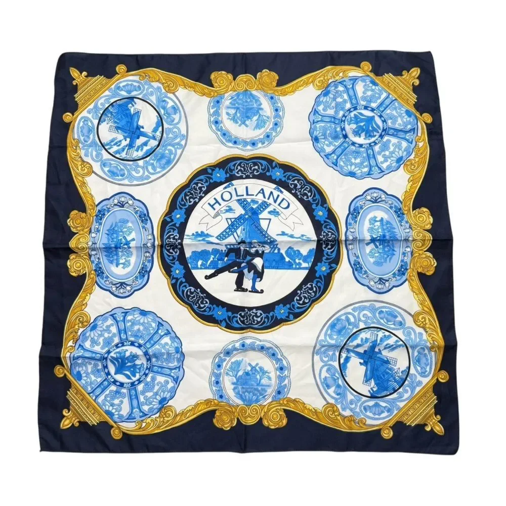 Vintage Holland Scarf Dutch Scenes Delft Colors Windmills Skaters